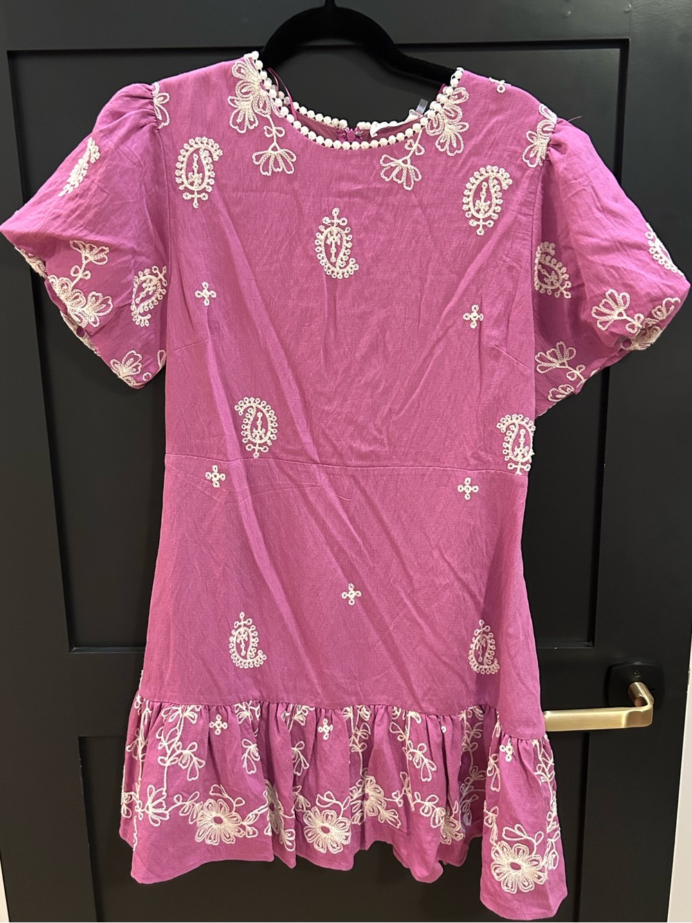 Pink Embroidered Puff-Sleeve Mini Dress with Ruffle Hem